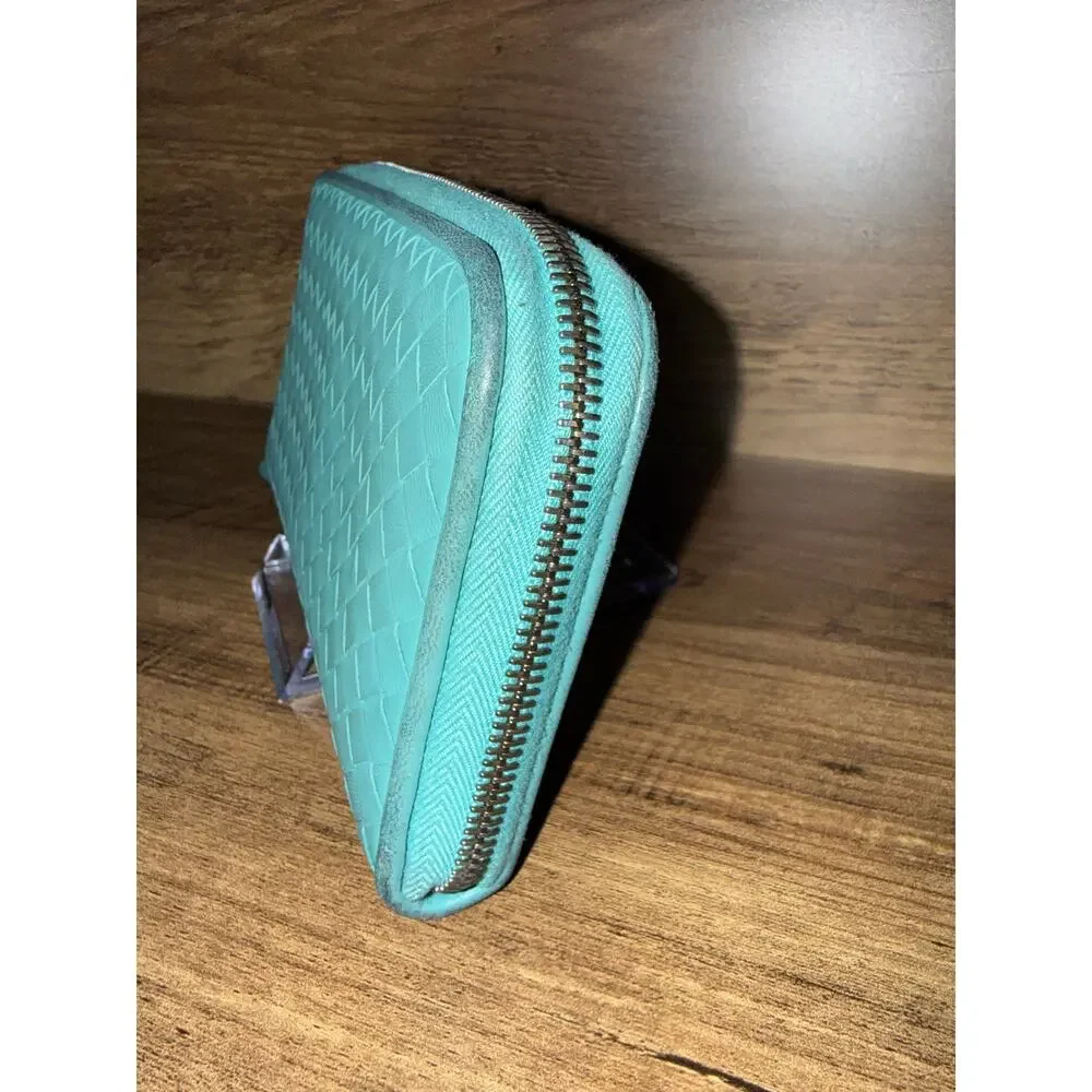 Bottega Veneta Intrecciato Zip-Around Wallet in Turquoise Leather with coa